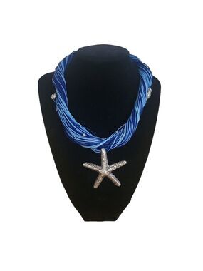 Handmade Blue Rope Starfish Necklace Coastal Statement Beach Jewelry